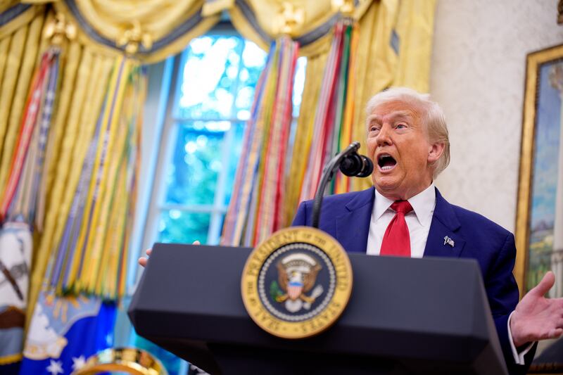 U.S. President Donald Trump speaks during a swearing in ceremony for U.S. Attorney for Washington, D.C. Jeanine Pirro in the Oval Office.