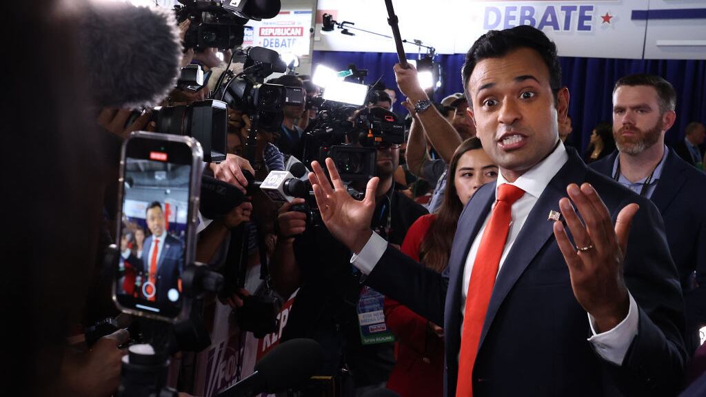 Republican presidential candidate, Vivek Ramaswamy talks to members of the media in the spin room following the first debate of the GOP primary season in Milwaukee, Wisconsin.