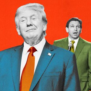 Donald Trump smirks as Ron DeSantis speaks in a photo illustration