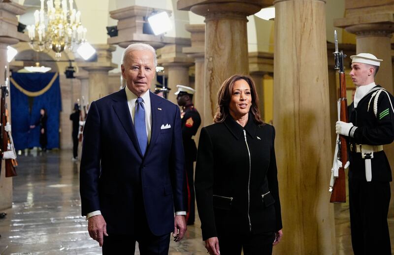 President Joe Biden and Vice President Kamala Harris arrive ahead of the inaugural ceremonies for President-elect Donald Trump on January 20, 2025, at the US Capitol in Washington, D.C.