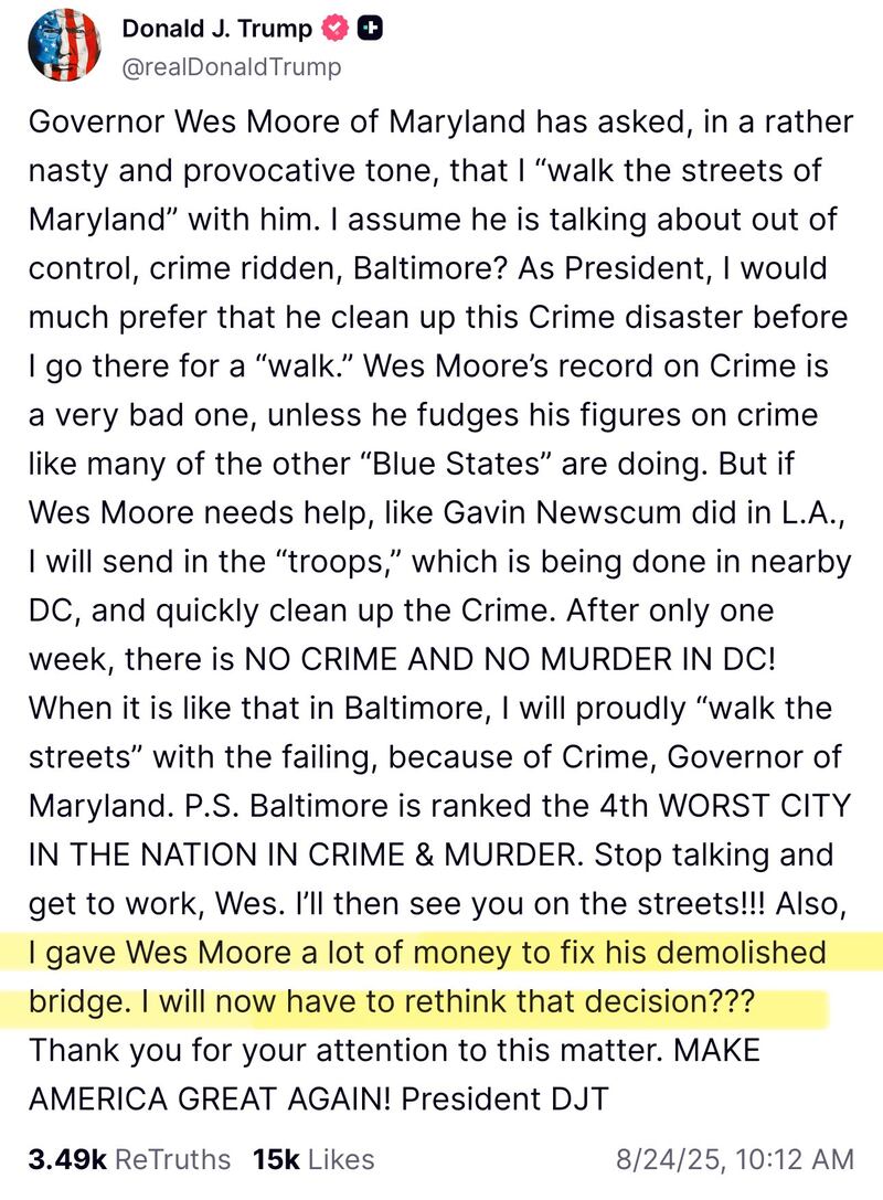 Trump attacked Wes Moore and his 'crime disaster' city after being invited to visit.