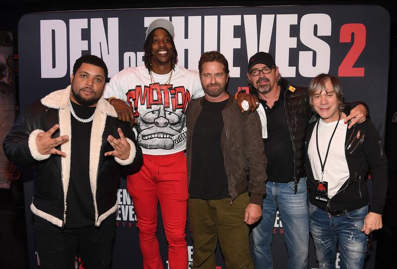 (L-R) O'Shea Jackson Jr., Dwight Howard, Gerard Butler, Christian Gudegast and Alan Siegel attend Den of Thieves 2: Pantera with Gerard Butler, O'Shea Jackson Jr. and Christian Gudegast at Regal Atlantic Station on Dec. 18, 2024 in Atlanta, Georgia.