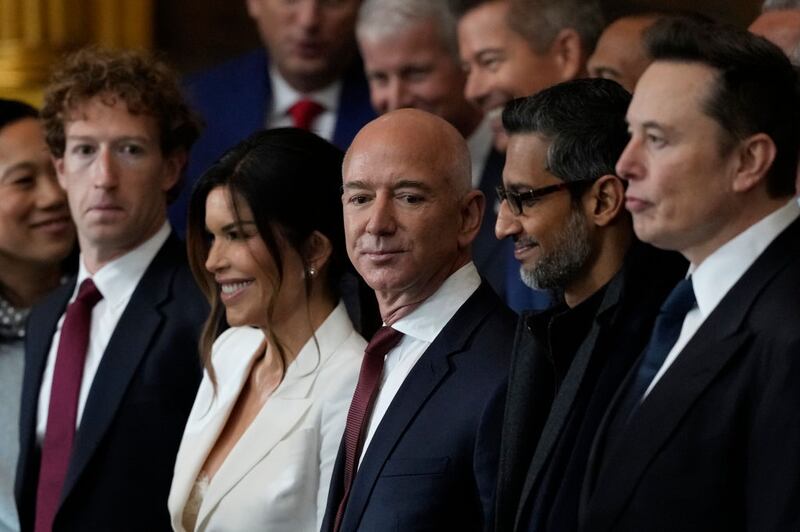 Mark Zuckerberg, Lauren Sanchez, Jeff Bezos, Sundar Pichai and Elon Musk attend the Inauguration of Donald J. Trump.