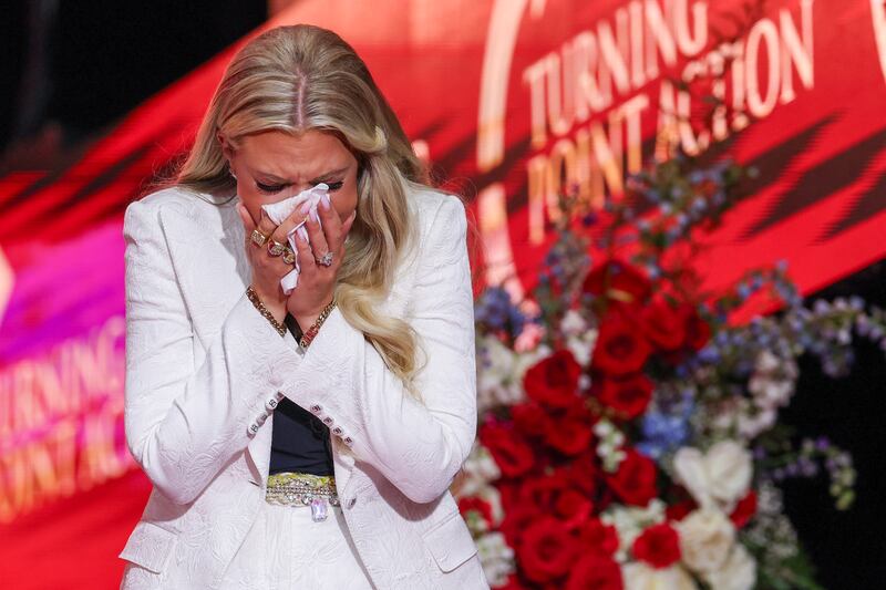 Erika Kirk wipes away tears during the memorial service for her husband, political activist Charlie Kirk at State Farm Stadium on September 21, 2025 in Glendale, Arizona.