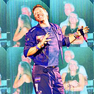 A photo illustration of Christ Martin performing with Coldplay and the tech CEO caught on the kiss cam during a concert.