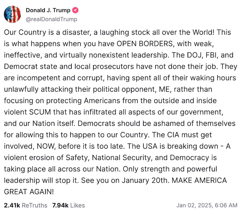 A post on Truth Social by President-elect Donald Trump.