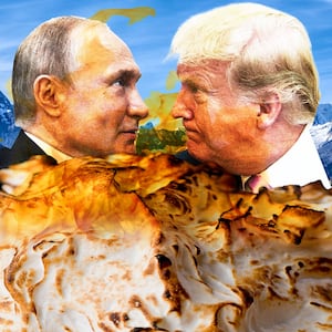 Donald Trump and Vladimir Putin in front of a photo of Alaska and behind a Baked Alaska dessert