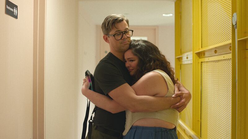 Andrew Rannells and Megan Stalter in Too Much.