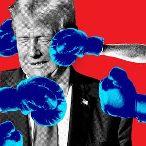 A photo illustration with Donald Trump with blue boxer gloves aiming at him on a red background