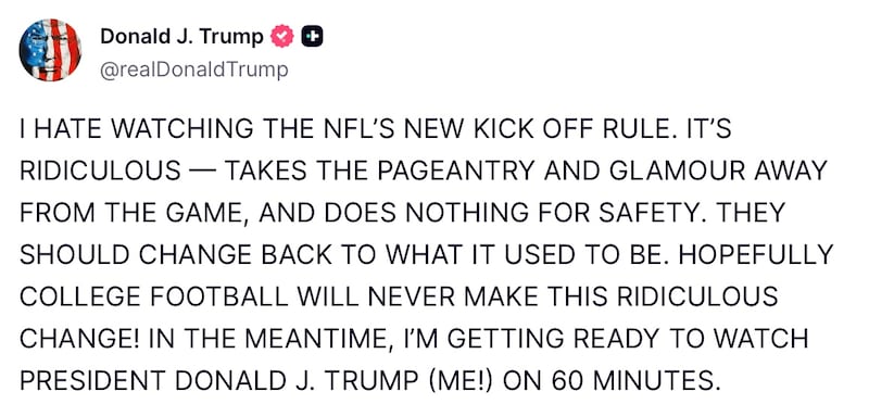 Donald Trump posts about the NFL on Truth Social.