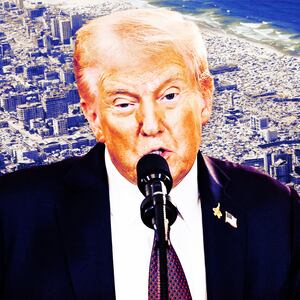 A photo illustration of President Donald Trump in front of an aerial view of Gaza in August 2025.