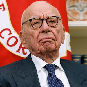 WASHINGTON, DC - FEBRUARY 03: Former Executive Chairman of Fox Corp Rupert Murdoch listens as U.S. President Donald Trump speaks to reporters in the Oval Office of the White House on February 03, 2025 in Washington, DC. After signing a series of executive orders and proclamations, Trump spoke to reporters about a range of topics including recent negotiations with Mexico on tarriffs. (Photo by Anna Moneymaker/Getty Images)