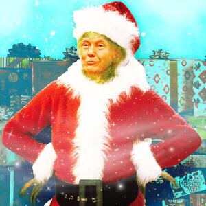 A photo illustration of President Donald Trump as the Grinch and Christmas presents.