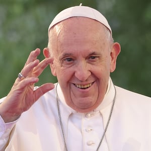 Pope Francis waves to onlookers and pilgrims in eastern Slovakia on September 14, 2021.