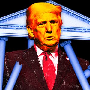 A photo illustration President Donald Trump with rubble of the White House pillars.