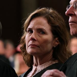WASHINGTON, DC - MARCH 04: U.S. Supreme Court Associate Justice Amy Coney Barrett, Justice Brett Kavanaugh and retired Justice Anthony Kennedy attend U.S. President Donald Trump's address to a joint session of Congress at the U.S. Capitol on March 04, 2025 in Washington, DC.     Win McNamee/Pool via REUTERS