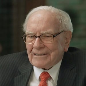 A close-up shot of Warren Buffett speaking to CBS.