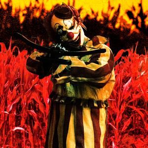 A photo illustration of Frendo the Clown in Clown in a Cornfield.