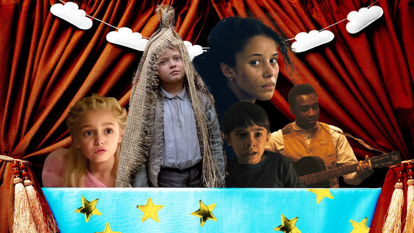 Chase Infiniti, One Battle After Another, Scarlett Spears, Wicked: For Good, Cary Christopher, Weapons, Miles Caton, Sinners, Jacobi Jupe in Hamnet in a children's play theater