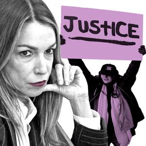A photo illustration of Karen Read surrounded by supporters holding posters calling for her release.
