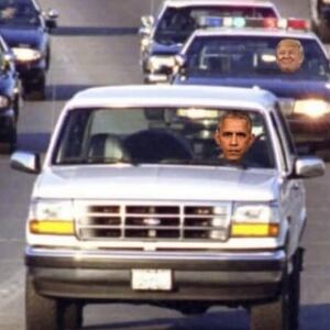 Meme of O.J Simpson car chase showing Barack Obama being pursued by Donald Trump and JD Vance.
