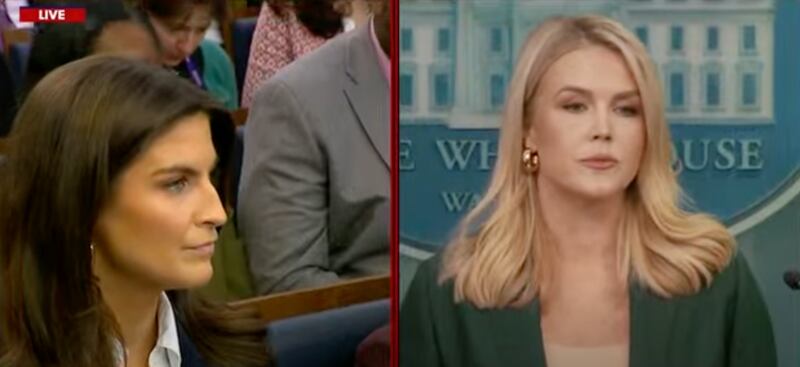 News cameras captured Kaitlan Collins, left, staring down Karoline Leavitt, right, after the two had a brief clash.