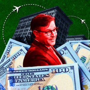 A photo illustration of House Speaker Rep. Mike Johnson, money, and the New Orleans Ritz-Carlton.