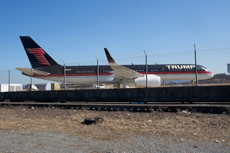 NEWBURGH, NY - MARCH 22: Donald Trump's personal 757 airplane sits at the edge of a runway in need of repairs, where it has been unused since Joe Biden's inauguration, on March 22, 2021 at Stewart Airport outside Newburgh, New York. (Photo by Andrew Lichtenstein/Corbis via Getty Images)