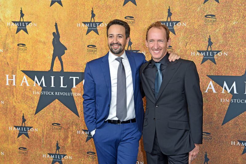 HAMBURG, GERMANY - OCTOBER 06: US actor and composer of the musical Lin-Manuel Miranda and US producer of the musical Jeffrey Seller attend the premiere of "Hamilton - Das Musical" at Stage Operettenhaus on October 6, 2022 in Hamburg, Germany.