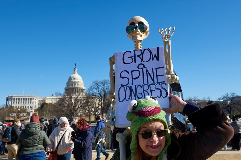 Demonstrators protest against the Trump administration's mass firing of government workers and civil servants in in Washington D.C. on February 17, 2025.