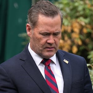 Former National Security Advisor Michael Waltz looks at his phone as he prepares for a TV interview at the White House on May 01, 2025 in Washington, DC. Donald Trump has named him as the next U.S. Ambassador to the United Nations.