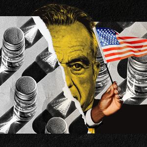 A photo illustration featuring Robert F. Kennedy Jr. between a torn picture of vaccine vials and a black hand waving an American flag