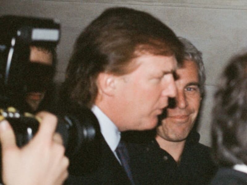 Donald Trump and Jeffrey Epstein attend a Victoria's Secret Angels event sponsored by Rogers & Cowan at the club Duvet on 21st Street in New York City, New York on April 9, 1997.