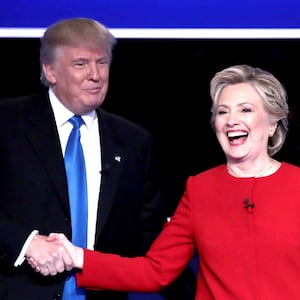 Donald Trump and Hillary Clinton shake hands after the Presidential Debate at Hofstra University on September 26, 2016 in Hempstead, New York.