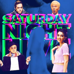 A photo illustration of the Saturday Night Live logo with Bowen Yang, Pete Davidson, Dana Carvey, and Chloe Fineman.