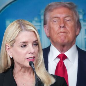 WASHINGTON, DC - AUGUST 11: Attorney General Pam Bondi delivers remarks as U.S. President Donald Trump looks on during a press conference in the James S. Brady Press Briefing Room of the White House August 11, 2025 in Washington, DC. Trump announced he will use his authority to place the DC Metropolitan Police Department under federal control to assist in crime prevention in the nation’s capital, and that the National Guard will be deployed to DC. (Photo by Andrew Harnik/Getty Images)