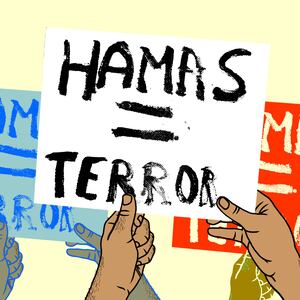 Alt: A photo illustration of stylized hands carrying signs that read “Hamas = Terror”