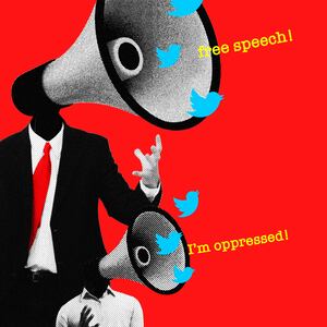 A photo illustration of men in suits with megaphones for heads 