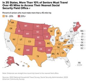 Map showing where in the US Seniors Must Travel Over 45 Miles to Access Their Nearest Social Security Field Office