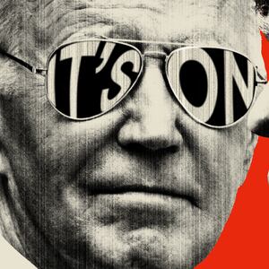 Photo illustration of Donald Trump and Joe Biden wearing aviator sunglasses with the words "it's on" on the lenses