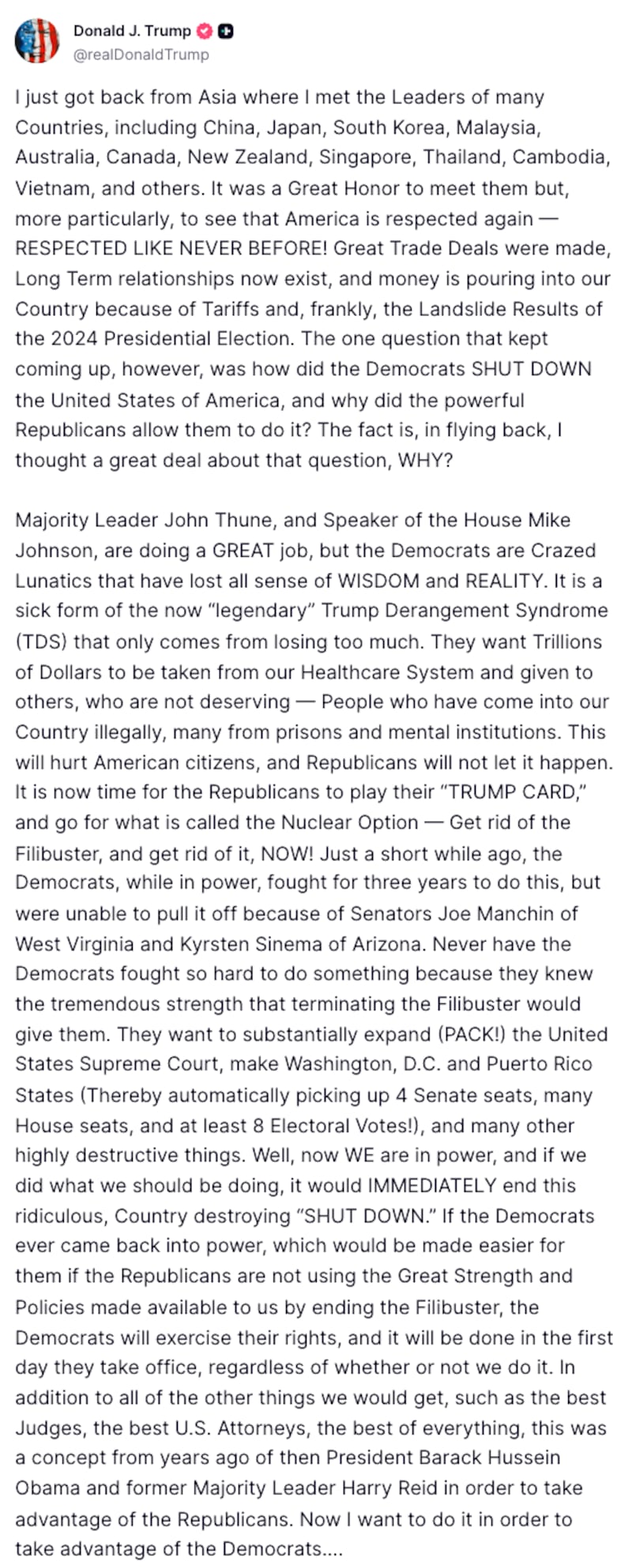 Trump Truth Social post