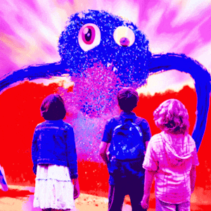An animated gif of Kue Lawrence, Kalon Cox, and Bianca Belle and a monster in Sketch.