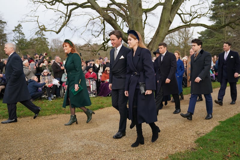 The Duke of York, Sarah Ferguson, the Duchess of York, Edoardo Mapelli Mozzi, Princess Beatrice, Arthur Chatto and Samuel Chatto attending the Christmas Day morning church service at St Mary Magdalene Church in Sandringham, Norfolk. Picture date: Monday December 25, 2023.