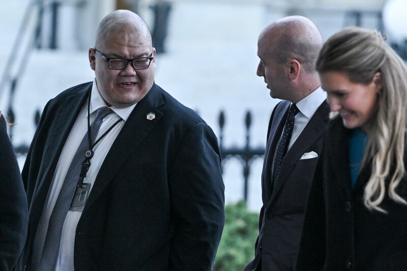 White House Communications Director Steven Cheung (L) and White House Deputy Chief of Staff for policy and US homeland security advisor Stephen Miller speak before entering the West Wing of the White House in Washington, DC on January 28, 2025. (Photo by ROBERTO SCHMIDT / AFP) (Photo by ROBERTO SCHMIDT/AFP via Getty Images)