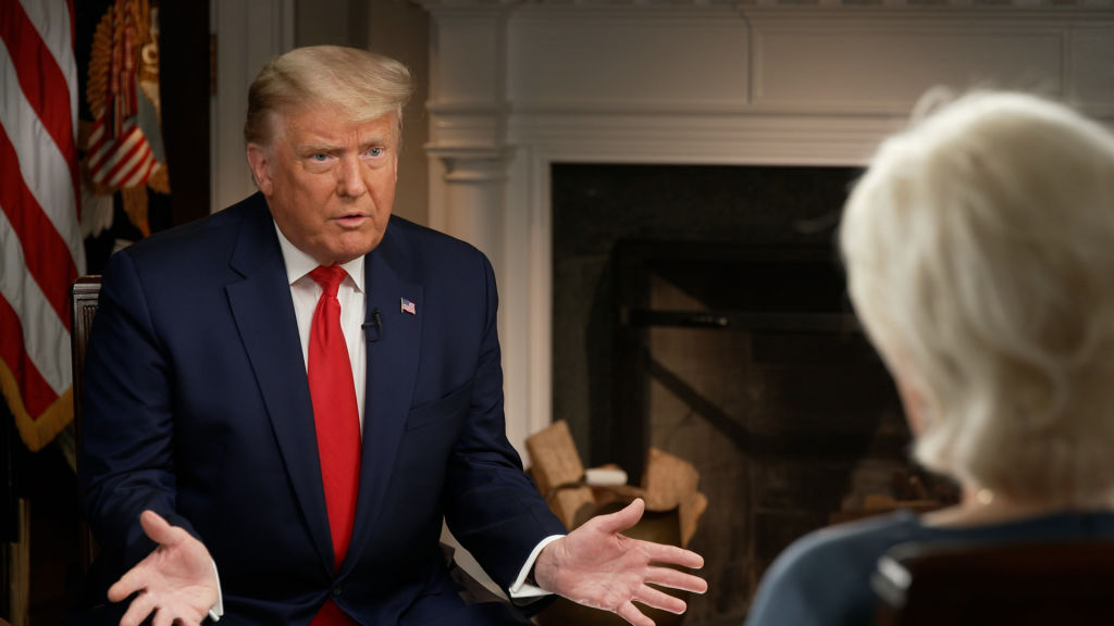 Still frames from the 60 MINUTES hour on Sunday Oct. 25, 2020 with the presidential candidates that in Nielsen Fast National ratings drew the most viewers to the CBS News magazine since March 25, 2020.  The traditional pre-election edition of 60 MINUTES caused headlines before its broadcast when President Trump broke an agreement with 60 MINUTES and released the video of his interview Thursday on Facebook.  Pictured: President Donald Trump during his interview with 60 Minutes correspondent Lesley Stahl. Screen grab. (Photo by CBS via Getty Images)
