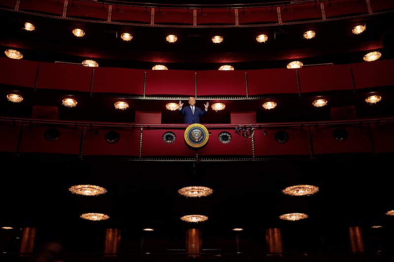 U.S. President Donald Trump looks down from the Presidential Box in the Opera House at the John F. Kennedy Center for the Performing Arts as he participates in a guided tour and leads a board meeting on March 17, 2025 in Washington, DC.