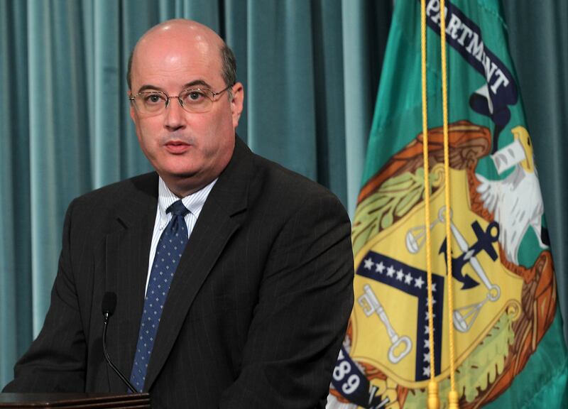 Michael Astrue speak during a news briefing May 13, 2011 at the Treasury Department in Washington, DC.