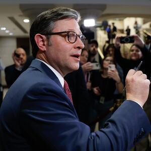 WASHINGTON, DC - DECEMBER 05: U.S. Speaker of the House Mike Johnson (R-LA) speaks to reporters after a meeting with members of Congress and Tesla CEO Elon Musk, and and businessman Vivek Ramaswamy, Co-Chairs of the newly announced Department of Government Efficiency (DOGE) on December 05, 2024 in Washington, DC. Musk and Ramaswamy are meeting with members of the U.S. Congress today about DOGE, a planned presidential advisory commission with the goal of cutting government spending and increasing efficiency in the federal workforce. ( (Photo by Anna Moneymaker/Getty Images)