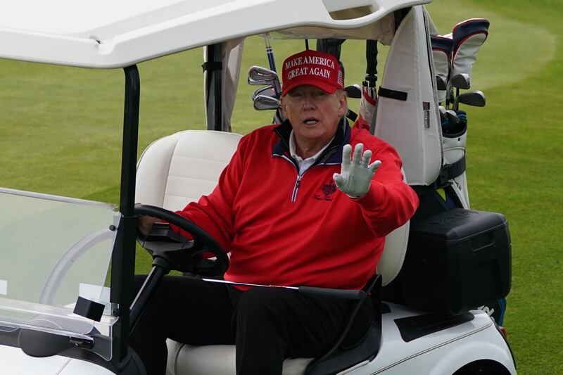 Donald Trump plays golf at his Trump Turnberry course in South Ayrshire during his visit to the UK, on May 3, 2023.