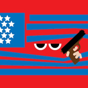 Illustration of American flag with googly eyes and handgun popping out from it.
